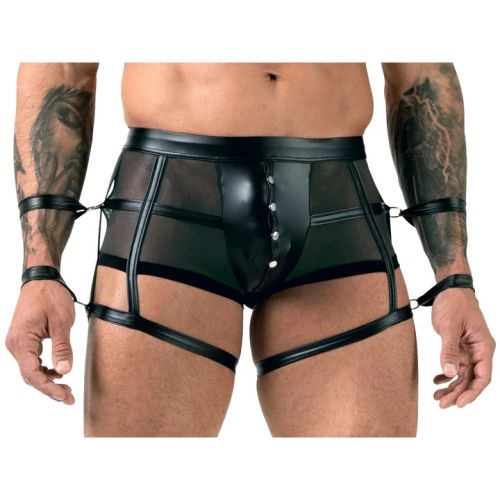 Svenjoyment BONDAGE черни мъжки боксерки с powernet, маншети и отваряща се предна част S/XL