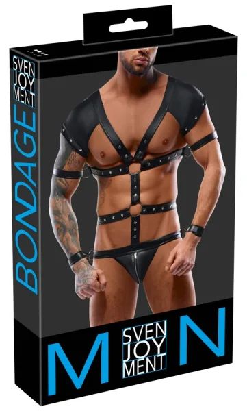 Svenjoyment BONDAGE черно мъжко боди с харнес дизайн и 4 регулируеми маншета S/XL