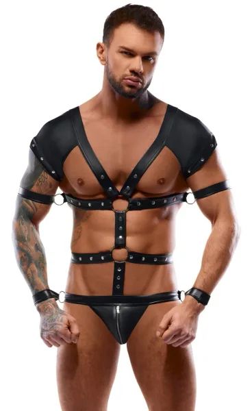 Svenjoyment BONDAGE черно мъжко боди с харнес дизайн и 4 регулируеми маншета S/XL