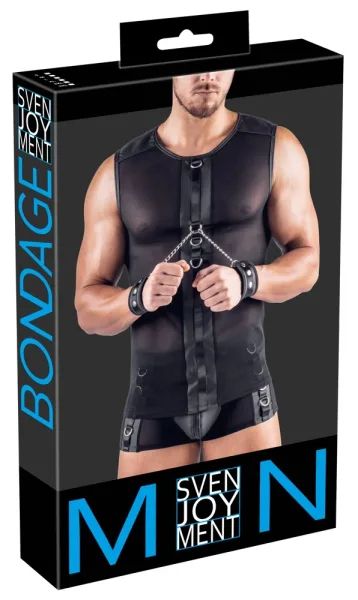 Svenjoyment BONDAGE черен мъжки мрежест топ с меки маншети и метални халки S/XL