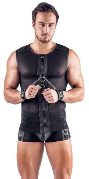Svenjoyment BONDAGE черен мъжки мрежест топ с меки маншети и метални халки S/XL