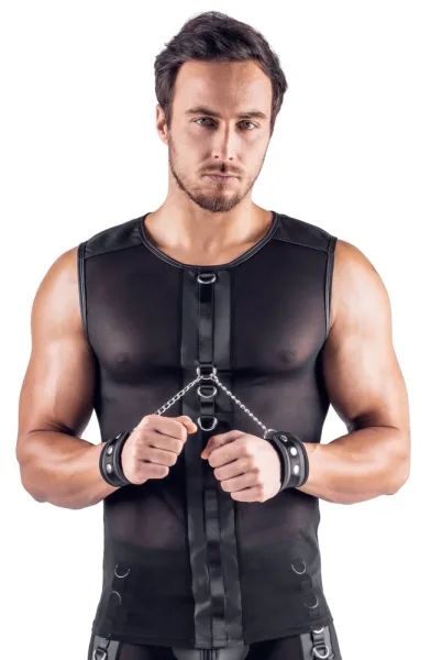 Svenjoyment BONDAGE черен мъжки мрежест топ с меки маншети и метални халки S/XL