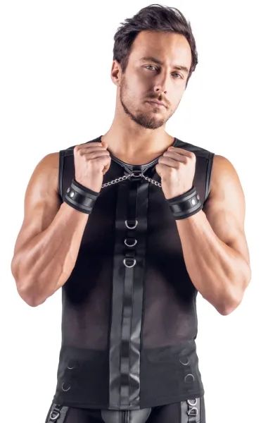 Svenjoyment BONDAGE черен мъжки мрежест топ с меки маншети и метални халки S/XL