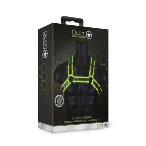 Ouch! Buckle Bulldog Glow in the Dark черен мъжки BDSM харнес със светещи зелени детайли S/XL