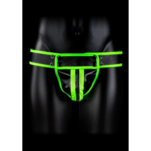 Ouch! Striped Jock Strap Glow in the Dark черен мъжки джокстрап със светещи зелени ленти S/XL