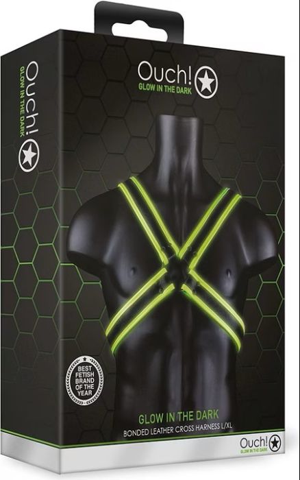 Ouch! Cross Harness Glow in the Dark черен мъжки BDSM харнес с кръстосани светещи зелени ленти S/XL