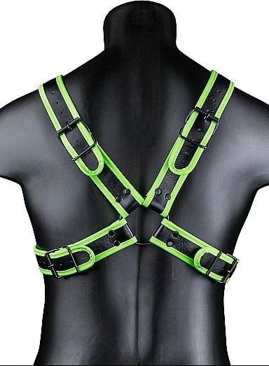 Ouch! Cross Harness Glow in the Dark черен мъжки BDSM харнес с кръстосани светещи зелени ленти S/XL