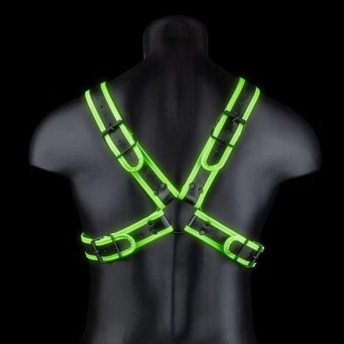 Ouch! Cross Harness Glow in the Dark черен мъжки BDSM харнес с кръстосани светещи зелени ленти S/XL