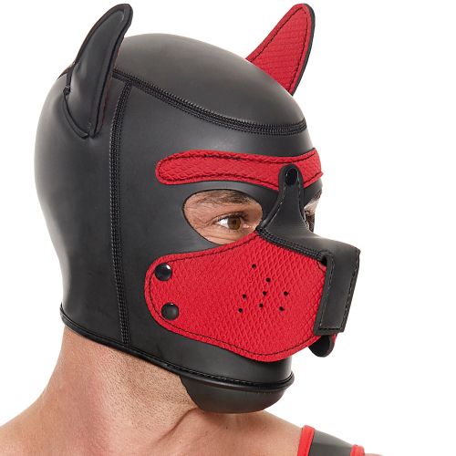 Ouch! Puppy Play черно-червена неопренова puppy hood маска със сваляем намордник