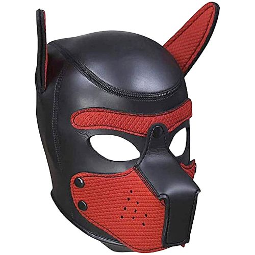 Ouch! Puppy Play черно-червена неопренова puppy hood маска със сваляем намордник