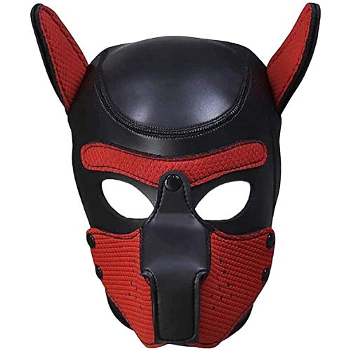 Ouch! Puppy Play черно-червена неопренова puppy hood маска със сваляем намордник