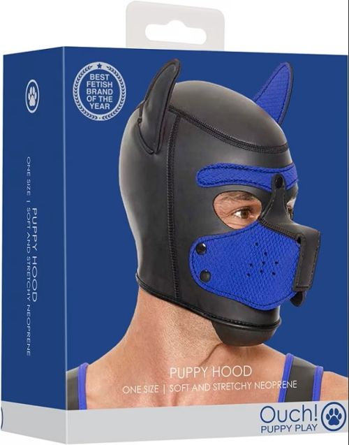 Ouch! Puppy Play черно-синя неопренова puppy hood маска със сваляем намордник