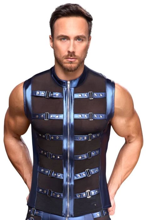 NEK Metallic Blue Men's Sleeveless Shirt with Powernet Inserts, Studded Straps and Zip S/XL