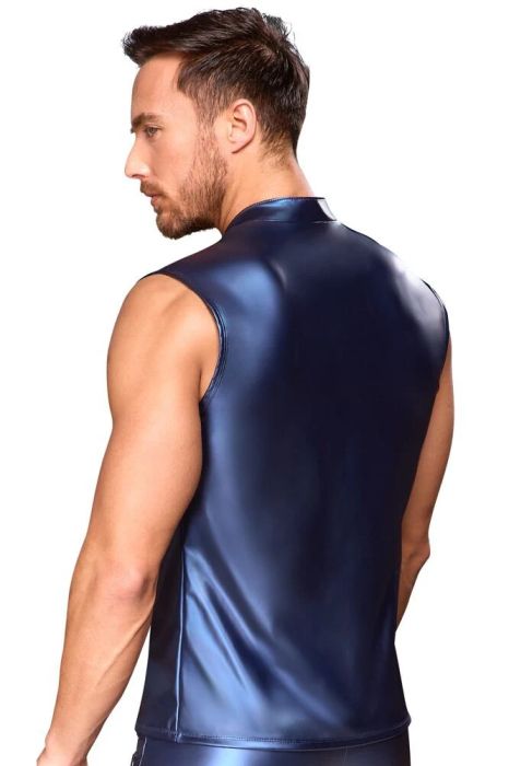 NEK Metallic Blue Men's Sleeveless Shirt with Powernet Inserts, Studded Straps and Zip S/XL
