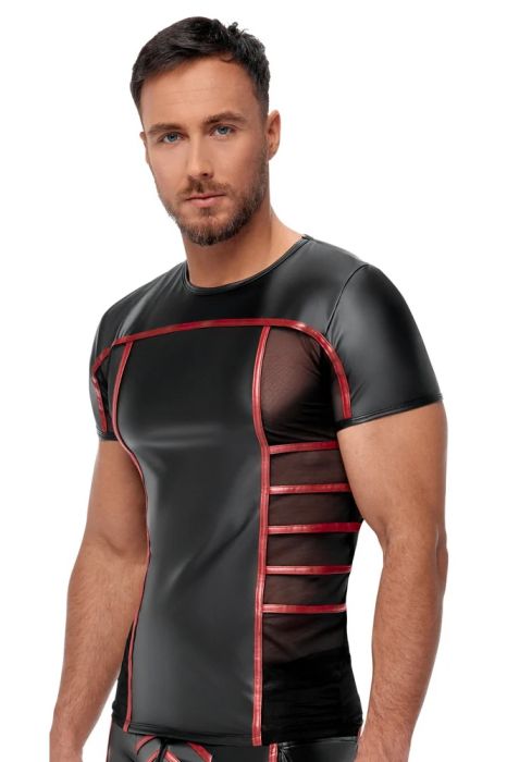 NEK Black Men's Matte-Look T-Shirt with Red Stripes and Sheer Mesh Inserts S/XL