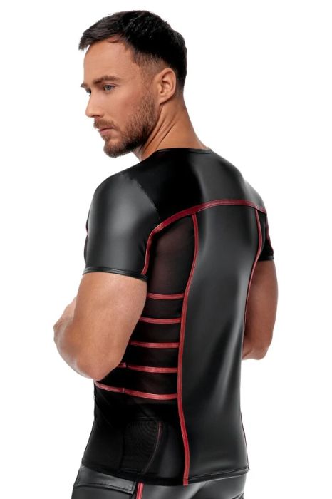 NEK Black Men's Matte-Look T-Shirt with Red Stripes and Sheer Mesh Inserts S/XL