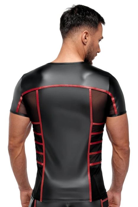 NEK Black Men's Matte-Look T-Shirt with Red Stripes and Sheer Mesh Inserts S/XL