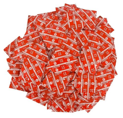 London Rot червени латексови презервативи с вкус на ягода 56 mm – пакет 100 бр.