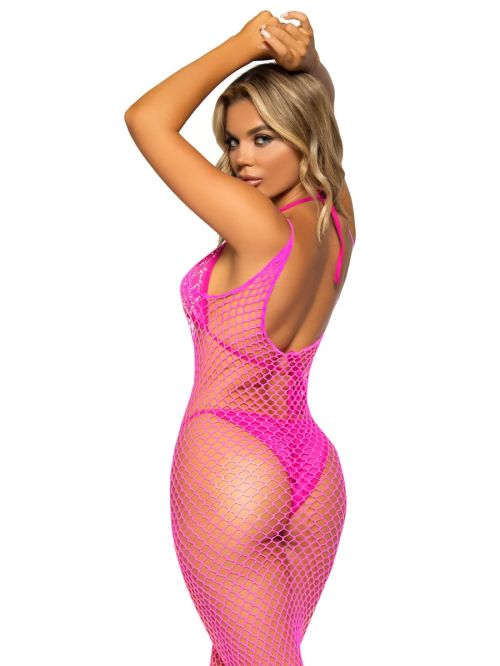 Leg Avenue Never Enough Neon Pink Backless Net Maxi Dress