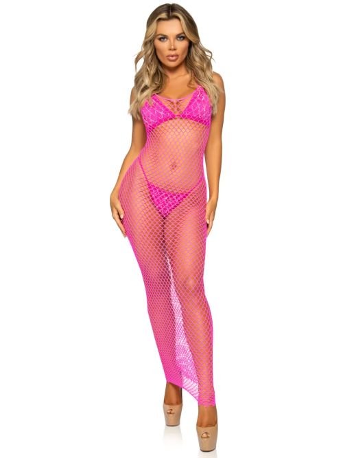 Leg Avenue Never Enough Neon Pink Backless Net Maxi Dress