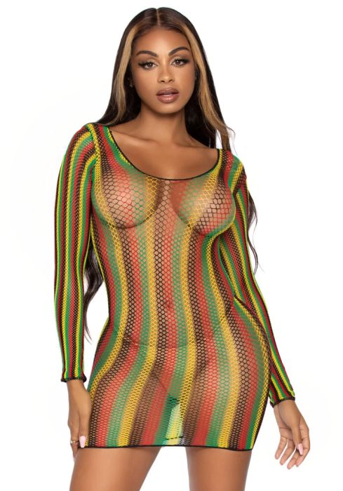Leg Avenue Rasta Multicolour Long Sleeve Net Mini Dress