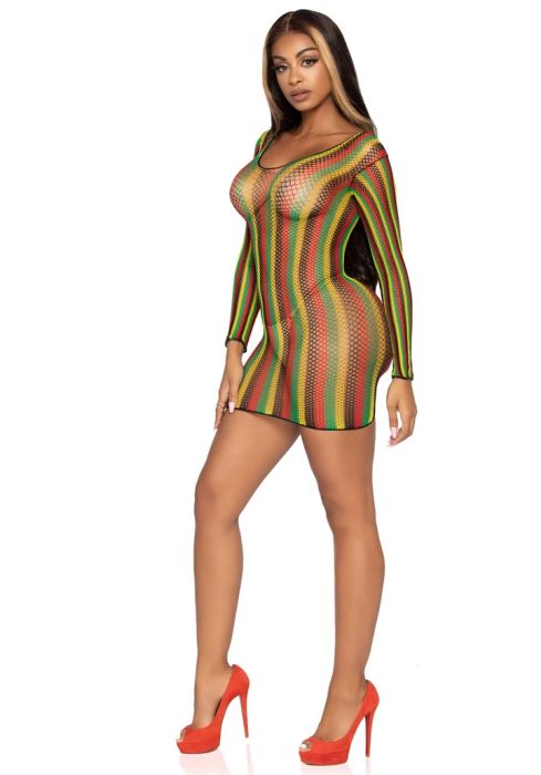 Leg Avenue Rasta Multicolour Long Sleeve Net Mini Dress