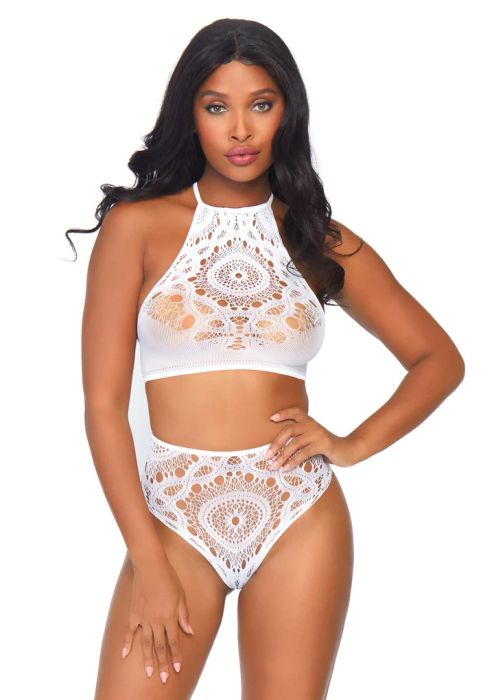 Leg Avenue White Lace Halter Crop Top and High Waist Thong Set S/M