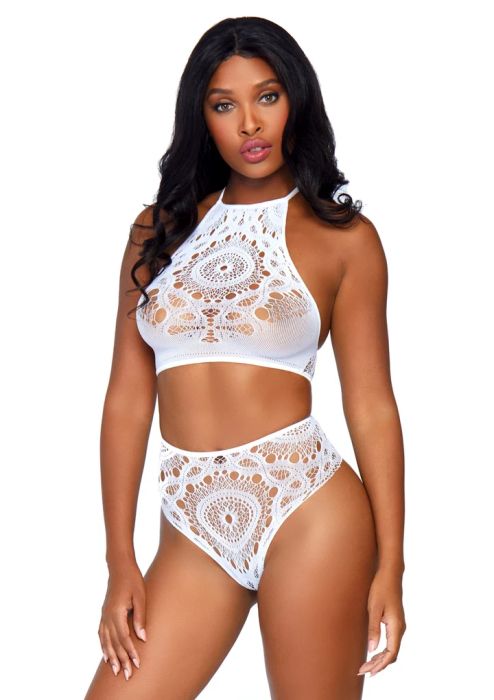 Leg Avenue White Lace Halter Crop Top and High Waist Thong Set S/M