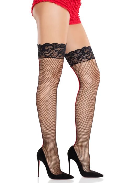 Leg Avenue May черни мрежести самозадържащи се чорапи с дантелен кант и заден шев