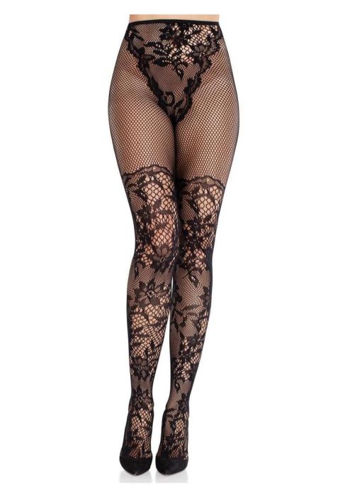 Leg Avenue Dahlia Black Lace Tights with Net Thigh Detail