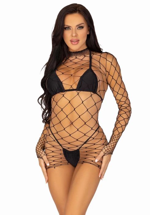 Leg Avenue Bad Behavior Black Long Sleeve Net Mini Dress