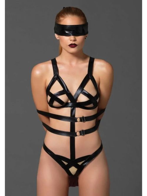 Leg Avenue KINK Black Wet Look Bondage Teddy with Mask and Restraints