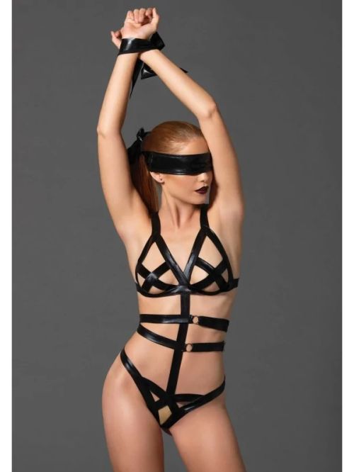 Leg Avenue KINK Black Wet Look Bondage Teddy with Mask and Restraints