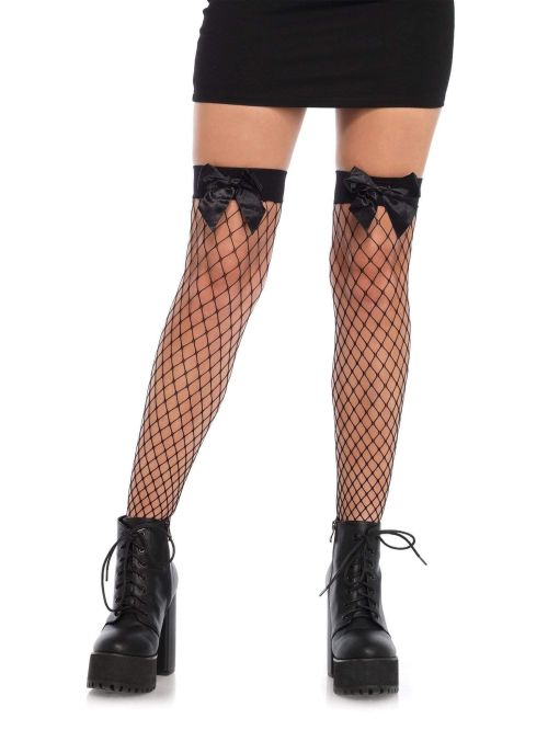Leg Avenue Sydney Black Fence Net Thigh High Stockings with Satin Bows
