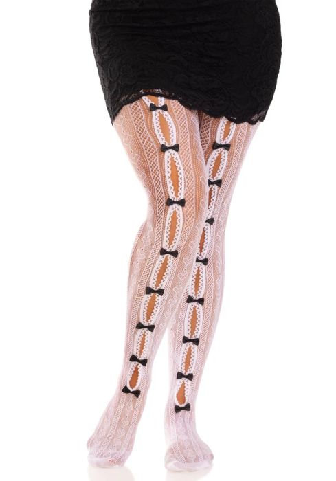 Leg Avenue Sweetheart White Net Tights with Black Bows