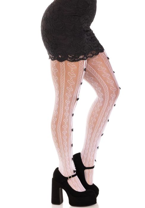 Leg Avenue Sweetheart White Net Tights with Black Bows