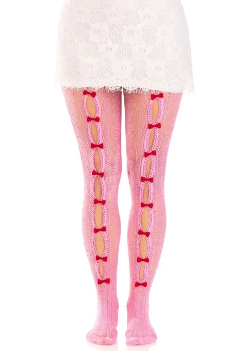 Leg Avenue Sweetheart Pink Net Tights with Red Bows