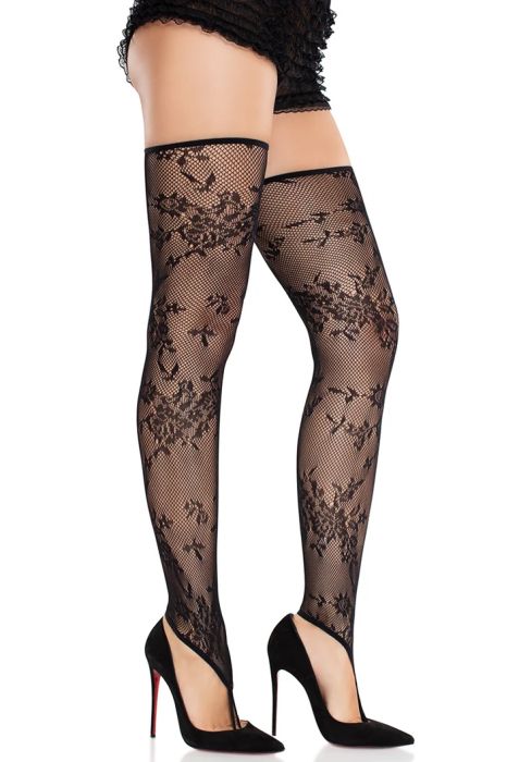 Leg Avenue Zenya Black Floral Net Thigh Highs with Toe Loop