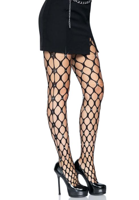 Leg Avenue Loren черен мрежест чорапогащник с блестящи камъни