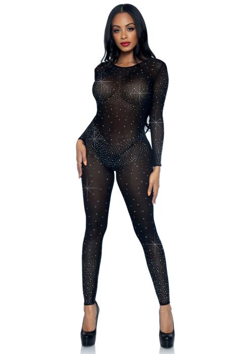 Leg Avenue Black Sheer Rhinestone Catsuit S/M