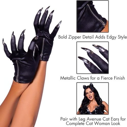 Leg Avenue Zip-Up Claw черни wet look ръкавици с металически нокти