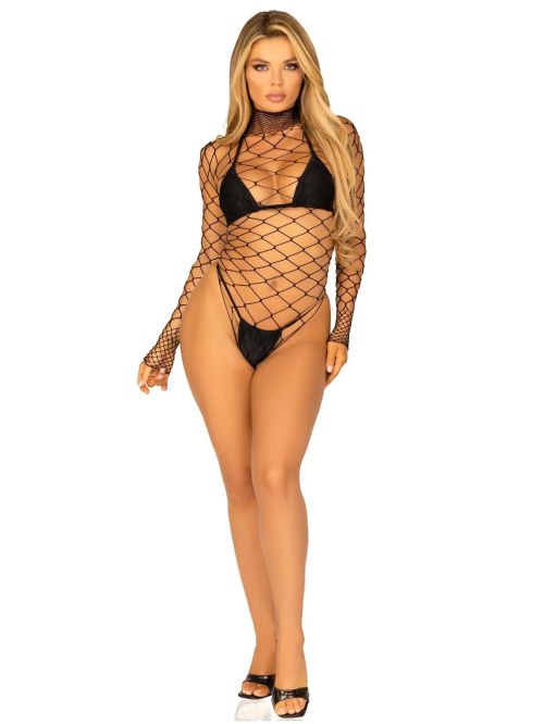 Leg Avenue Pretty Please Black Wide Fishnet Long Sleeve Bodysuit