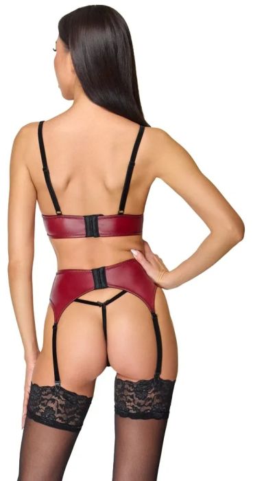 Cottelli LINGERIE 3 части Ouvert комплект с дантела, кадифе и перлени нишки – бордо/черно S/M