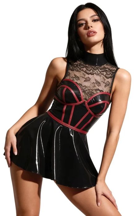 Cottelli PARTY Wetlook мини рокля с дантела и корсетен дизайн – черно/бордо S/M