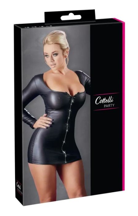 Cottelli PARTY Wetlook мини рокля с блестящ преден цип – черна S/M