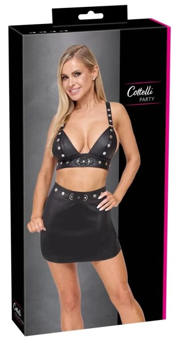 Cottelli PARTY комплект от топ и мини пола от еко кожа с капси и халки – черен S/M