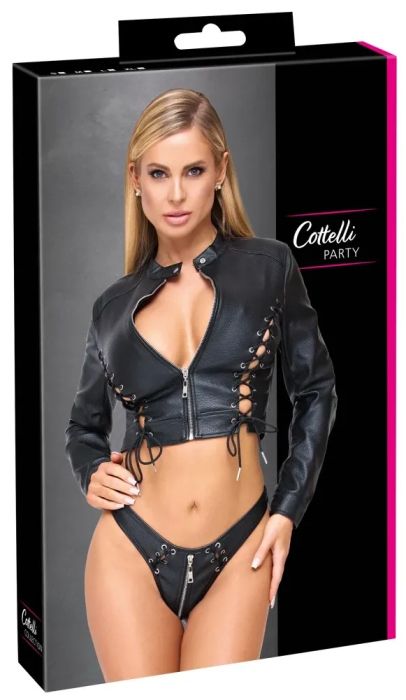 Cottelli PARTY комплект от късо яке и Rio string прашка от еко кожа – черен S/M