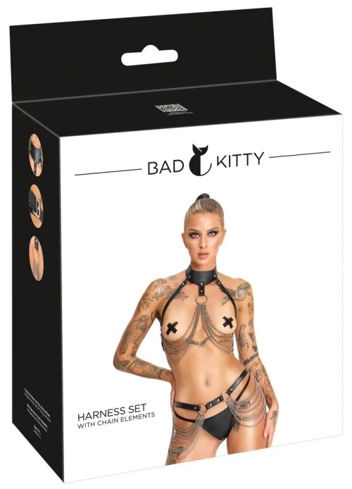 Bad Kitty Harness комплект с вериги, бюст и ханш колани и прашка – черен
