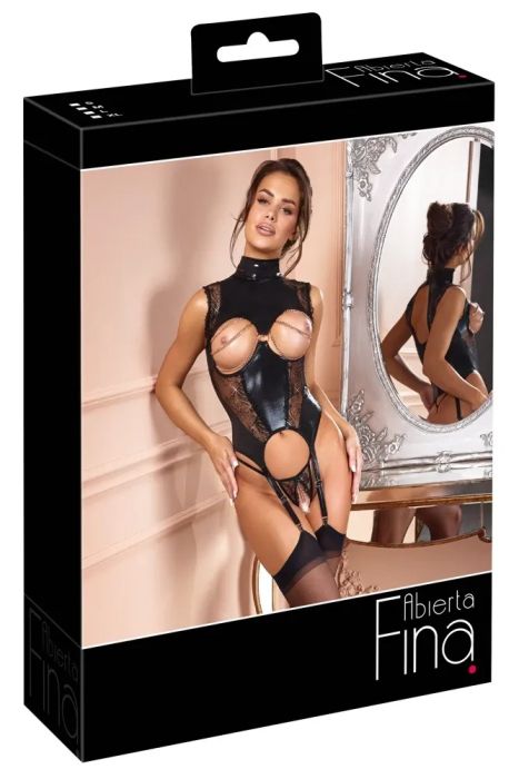 Abierta Fina Ouvert жартиерно бюстие с вериги и прашка – черно/розово злато S/M