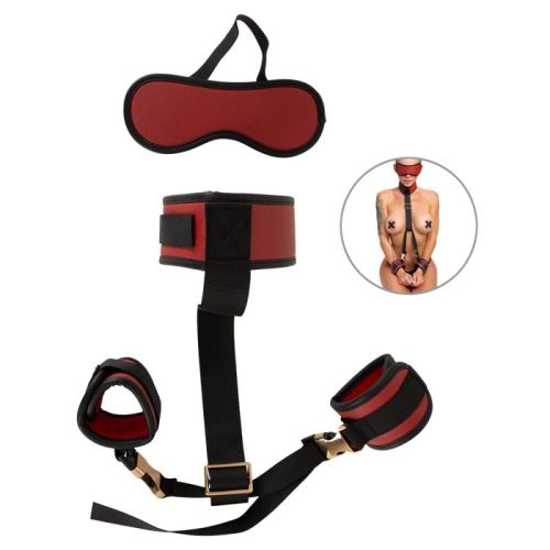 Bad Kitty Neck to Wrist Restraint Set with Wrist Cuffs & Blindfold – Red & Black